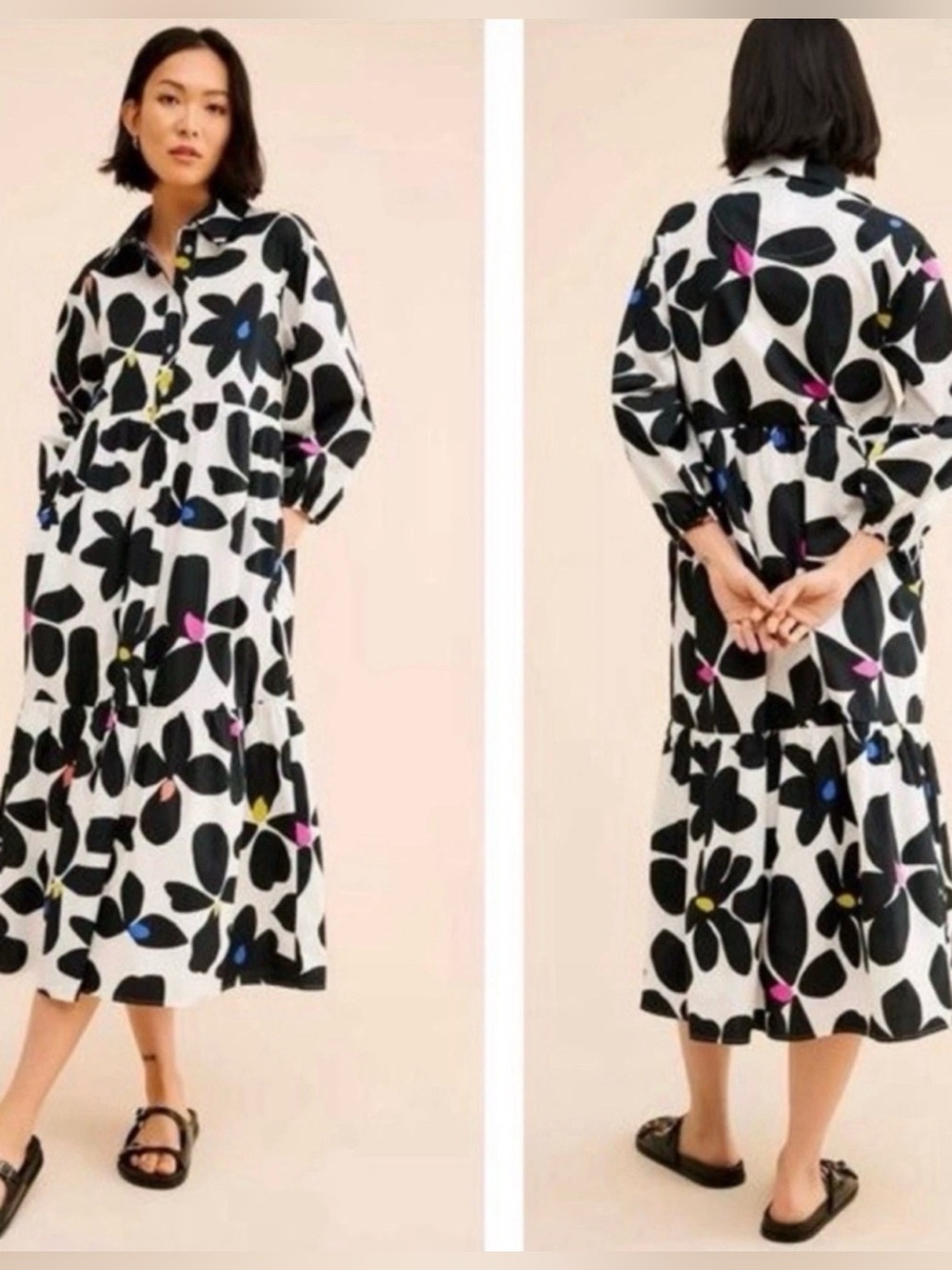 Plus 2X Maeve Anthropologie The Bettina tiered shirt dress Black White floral